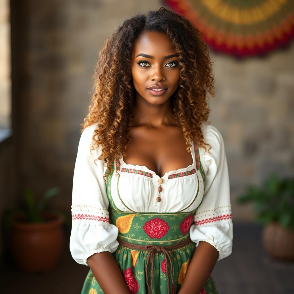 Beautiful Woman with Curly Hair in Peasant Dress