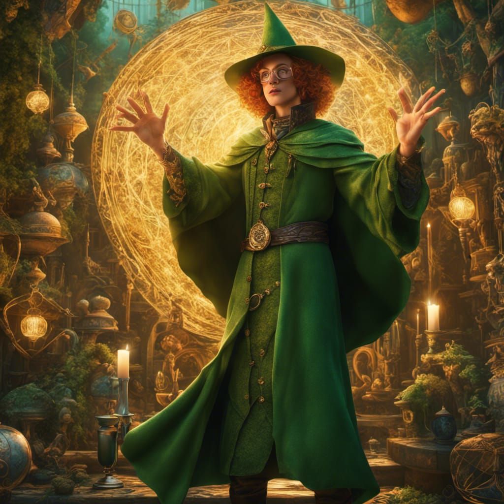 Green-Robed Mage Casting Spell in Fantasy Landscape