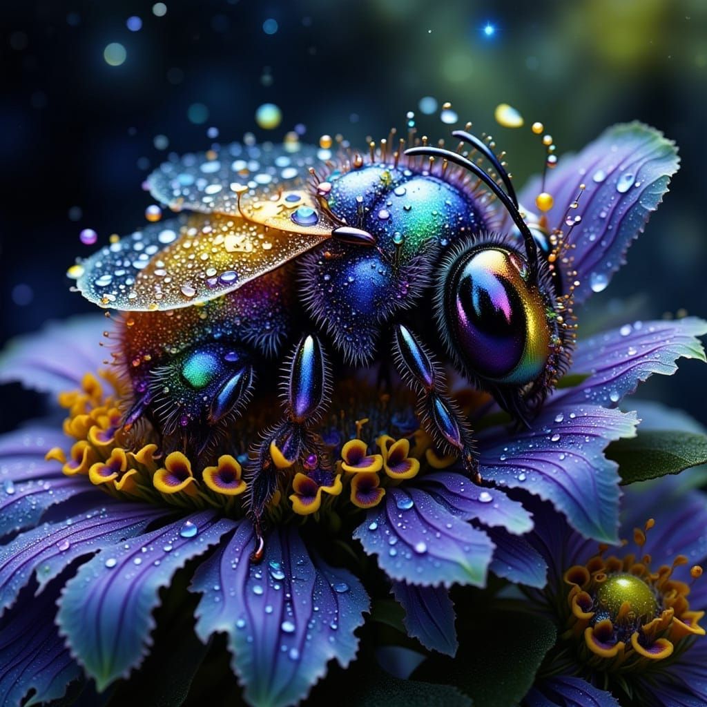 Cartoon Bee Sleeping Under Starry Sky in Alcohol Inks