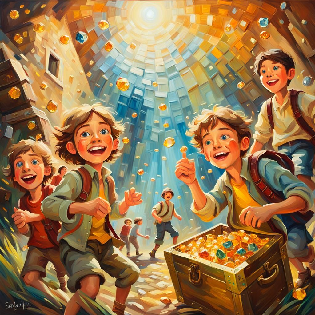 Adventurers Discovering Treasure: An Impressionist Oil Paint...