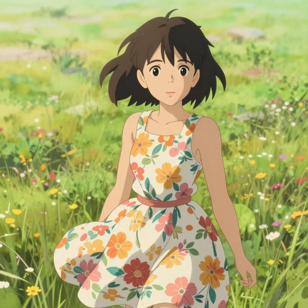 Cute Anime Girl in Sun-Drenched Meadow