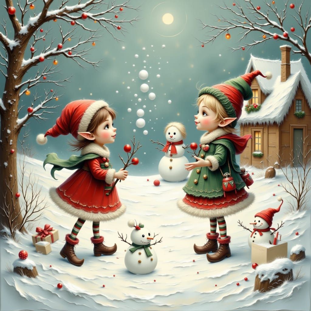 Christmas Elves Snowball Fight with Snowman and Gingerbread ...