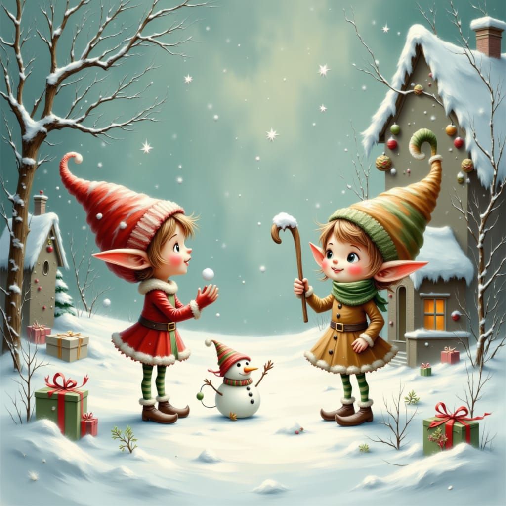 Christmas Elves Snowball Fight with Snowman and Gingerbread ...