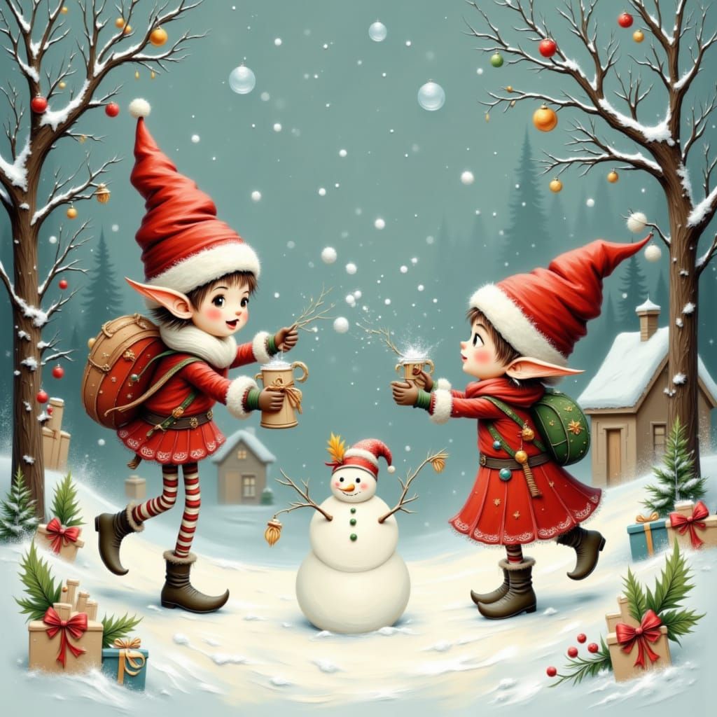 Christmas Elves Snowball Fight Near Gingerbread Cottage