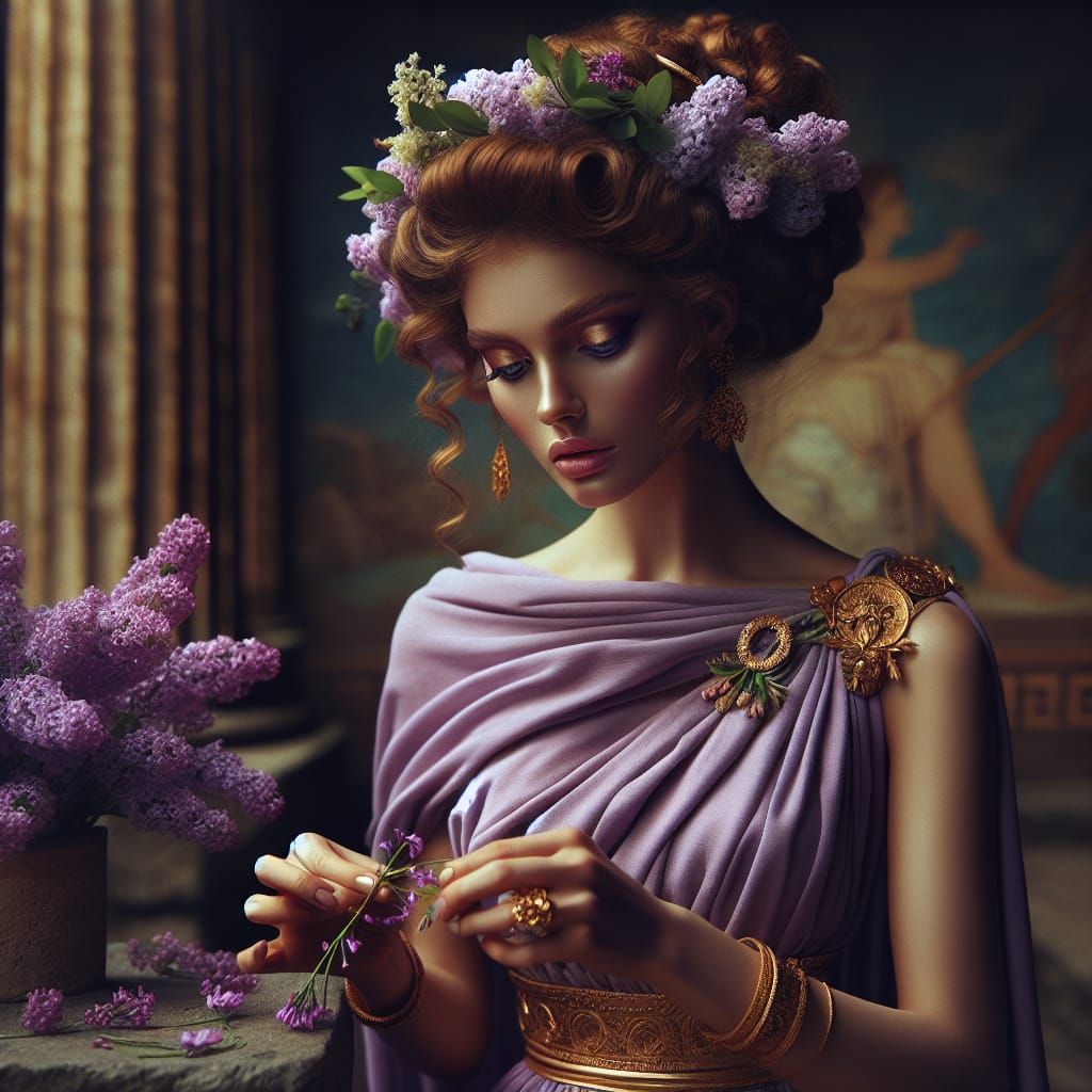 Elegant Greek Goddess Charis in Temple Courtyard