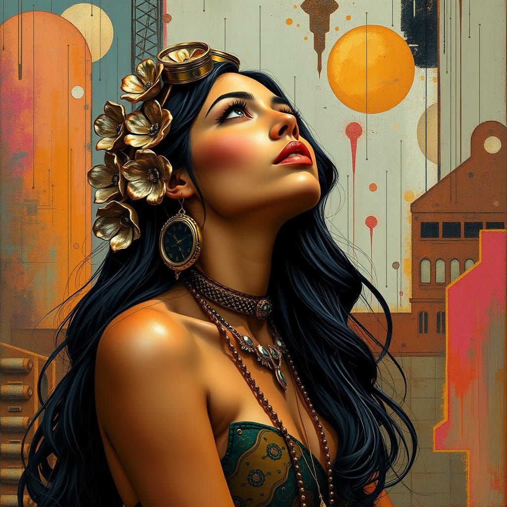 Steampunk Latina Woman in Metallic Abstract Surroundings