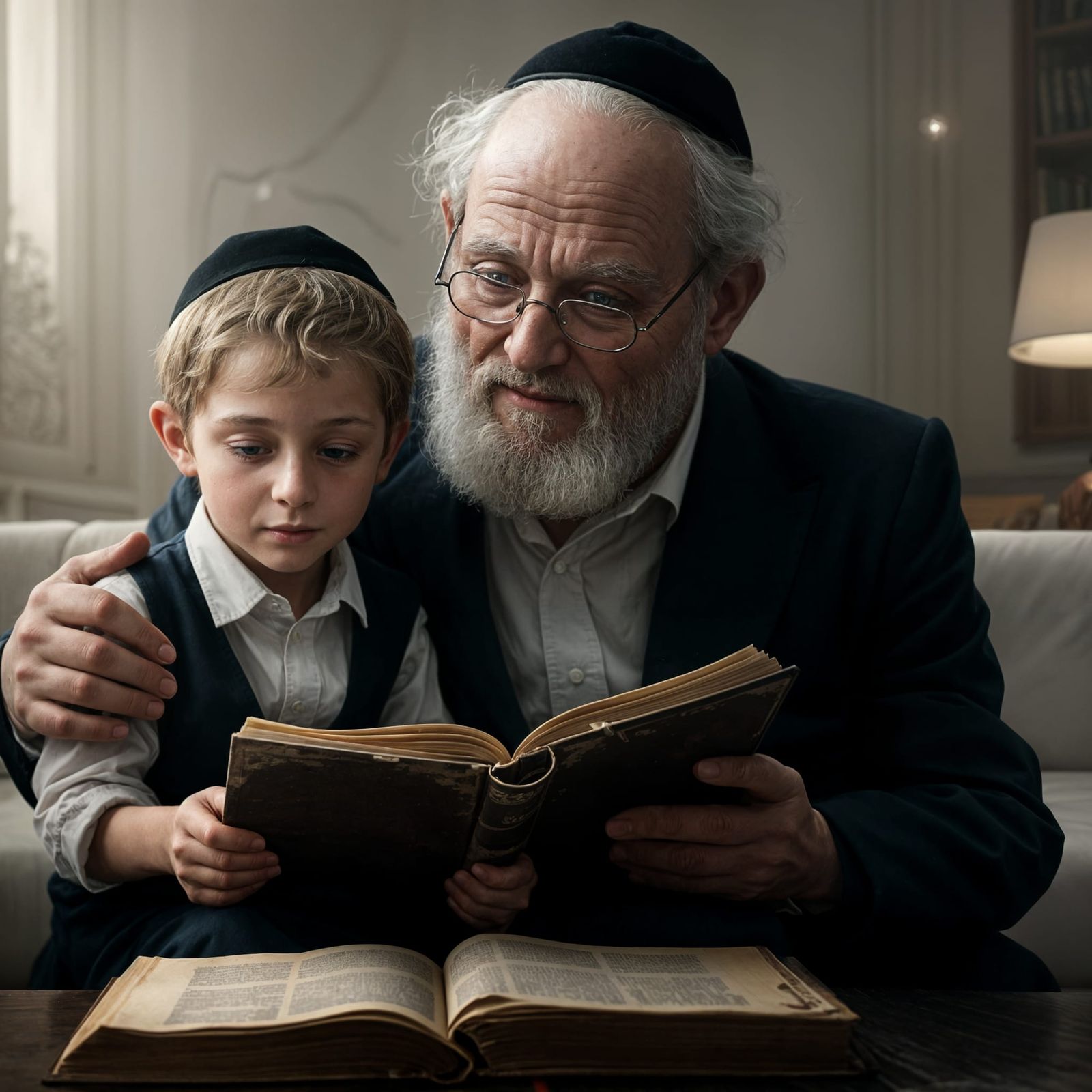 Boy and Grandfather Learning Together, Detailed Matte Painti...