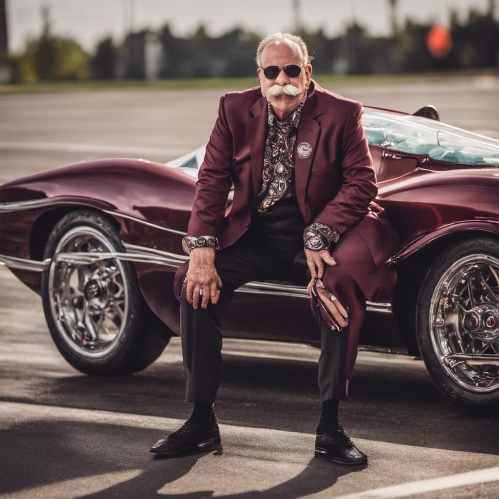 Man Poses with Futuristic Car on Wet Driveway