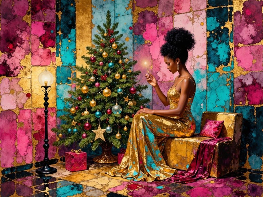 Elegant Black Woman Decorates Extravagant Christmas Tree