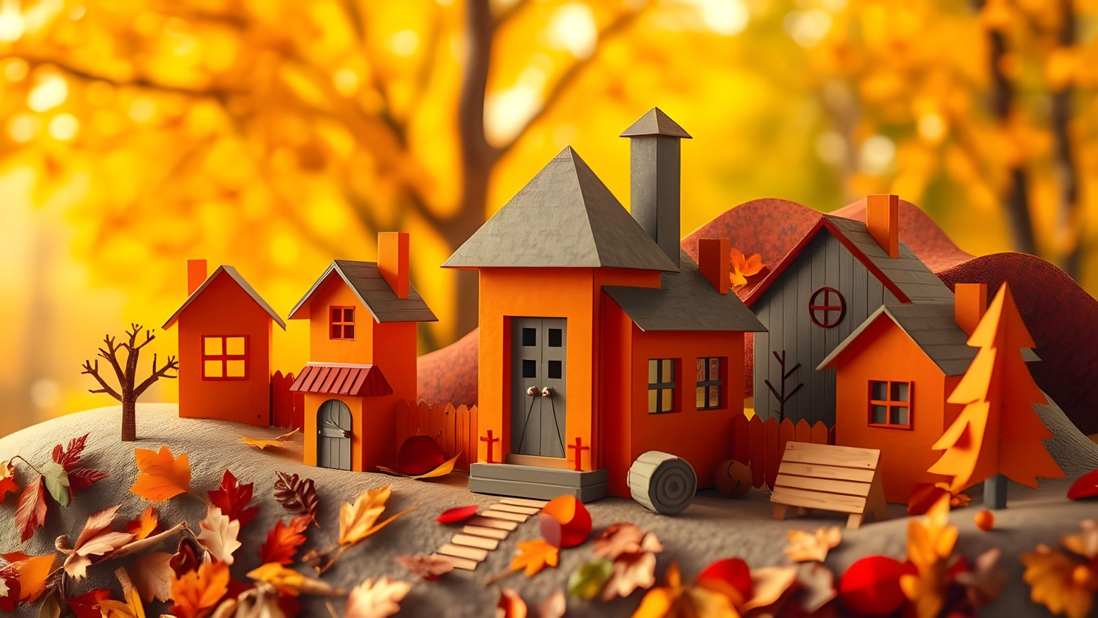 Childlike Autumn Village Paper Collage