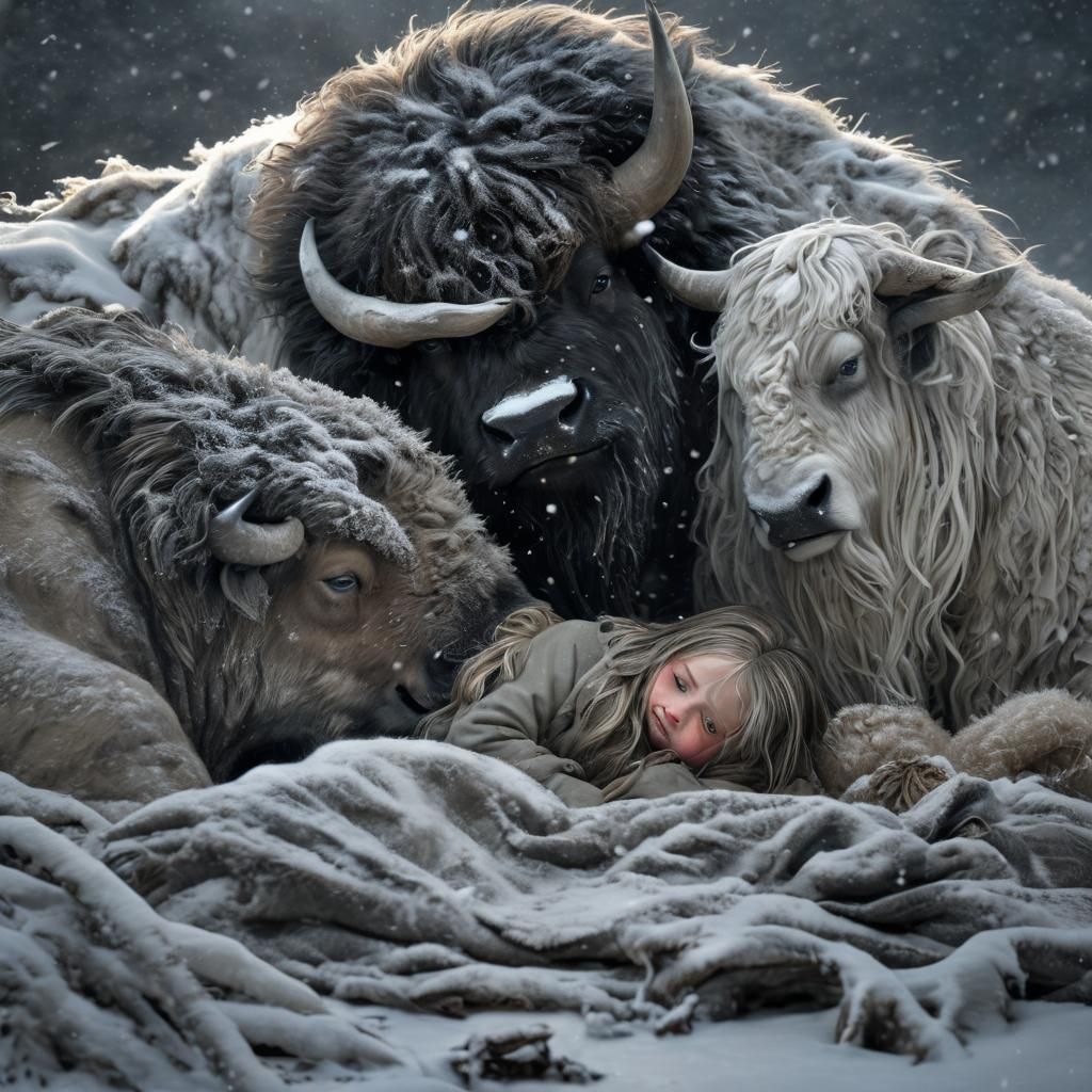 Buffalo Sheltering Child in Snowstorm, Fantasy Art