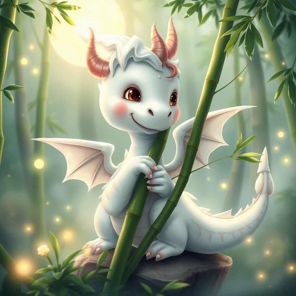 chibi of a fantastic white dragon with wings playing with bamboo canes in an enchanted forest