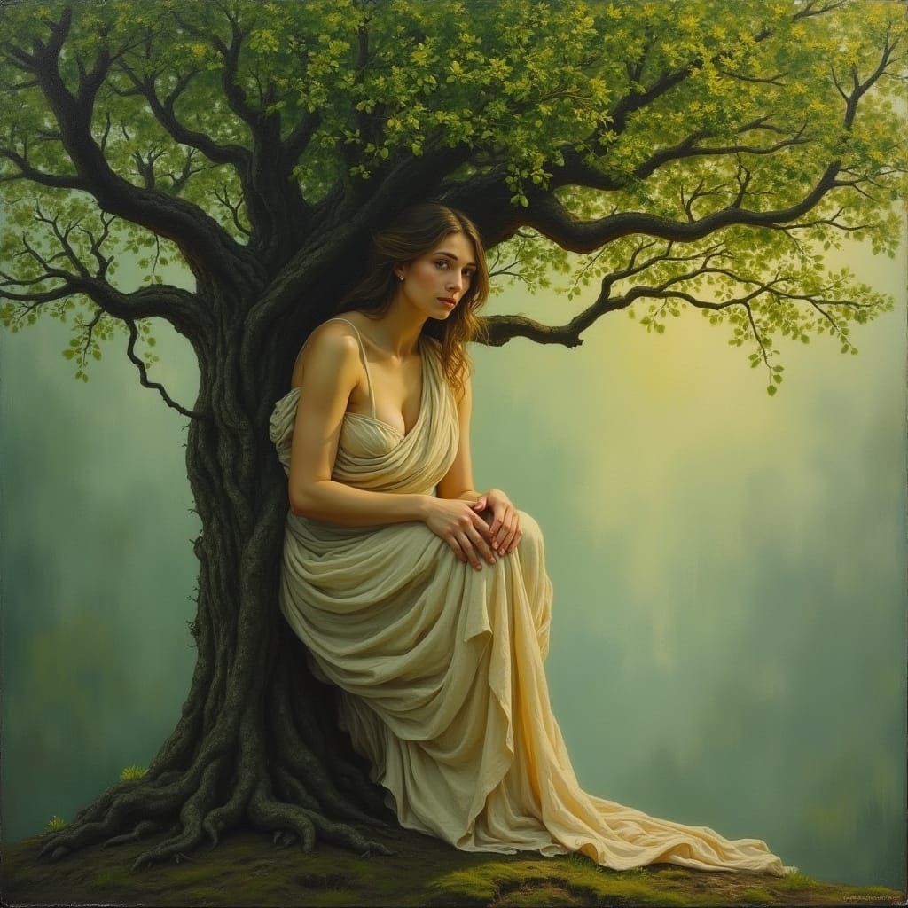 Serene Tree Spirit in Dreamy, Ethereal Landscape