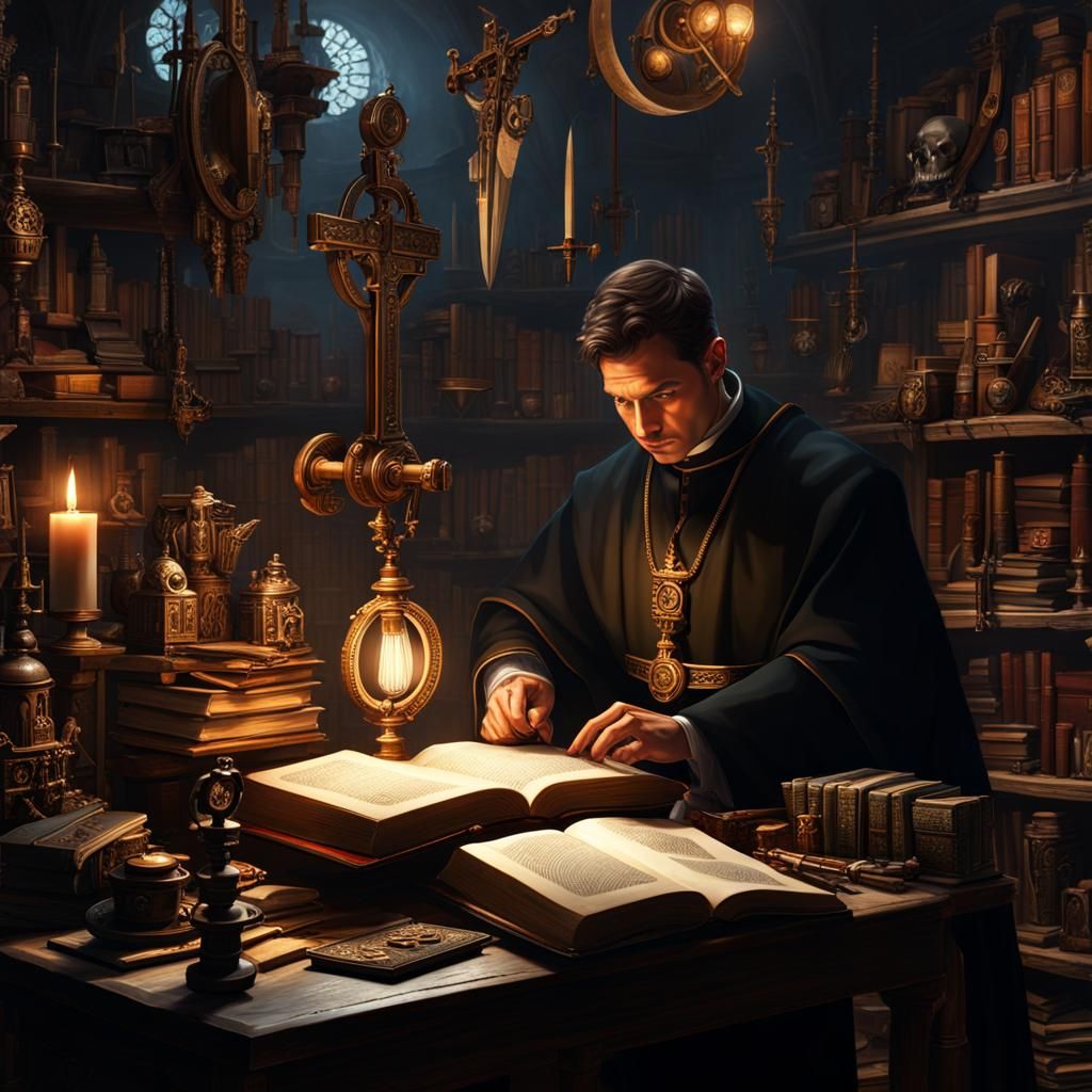 Priest in Dark Fantasy Workshop, Art Deco Style