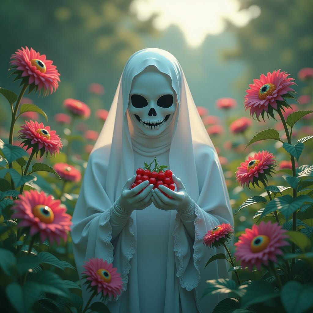 Ghostly Fashionista in Eerie Glowing Garden