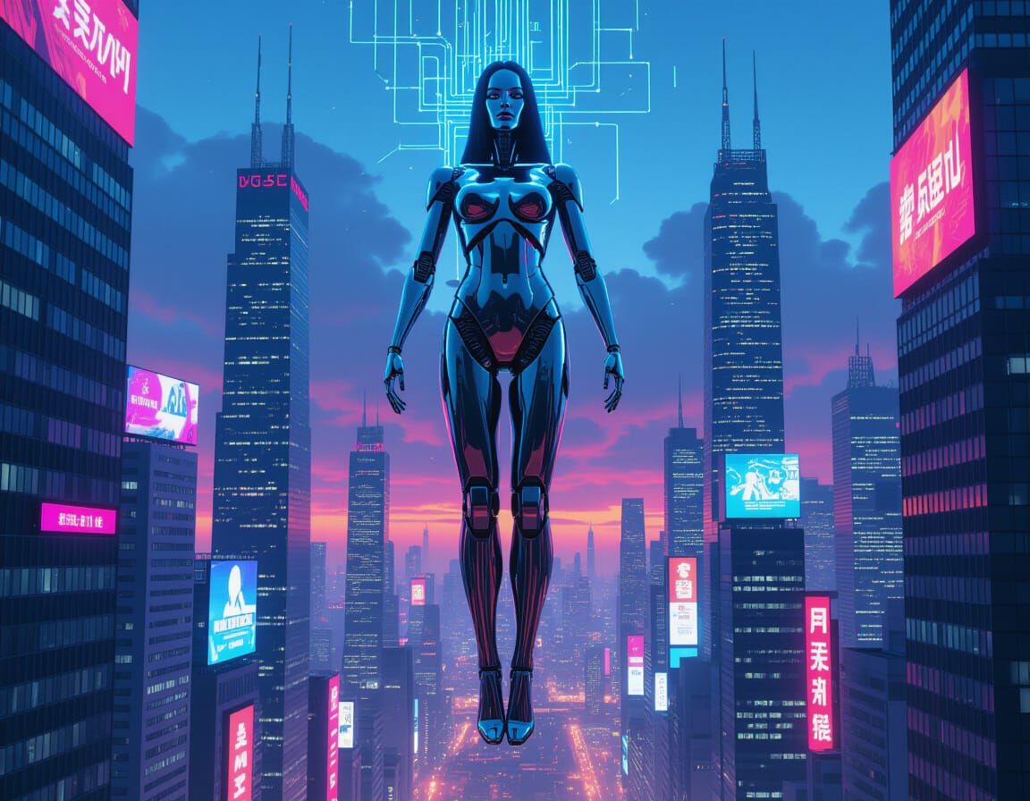 Chrome Woman in Futuristic Metropolis