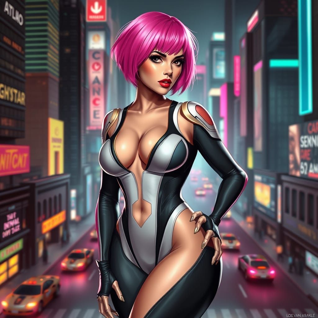 Voluptuous Woman Stands Confidently in Futuristic Cityscape