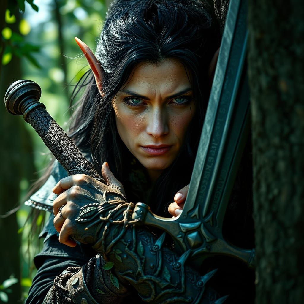 Rugged Female Elf Warrior in Cinematic, Film Noir Style