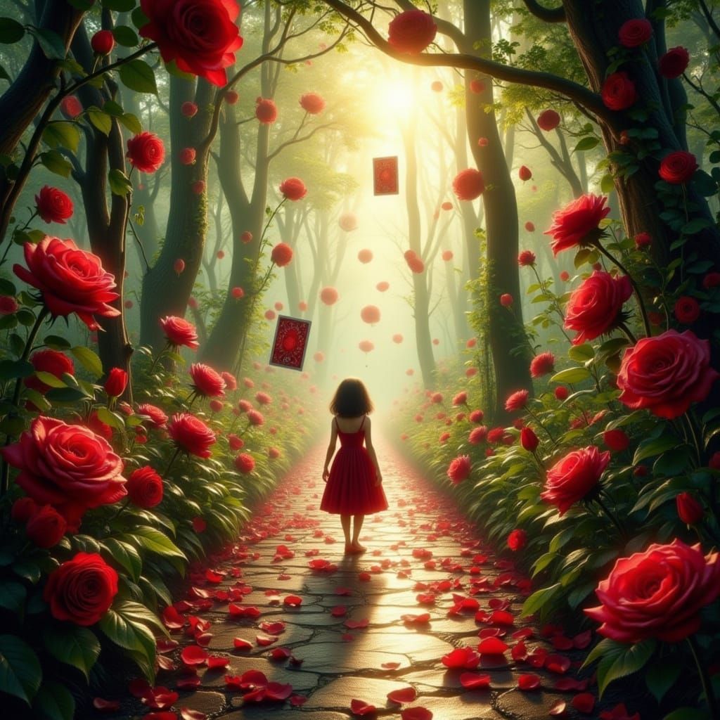 Fantasy Forest Path With Roses and Girl in Magical Light