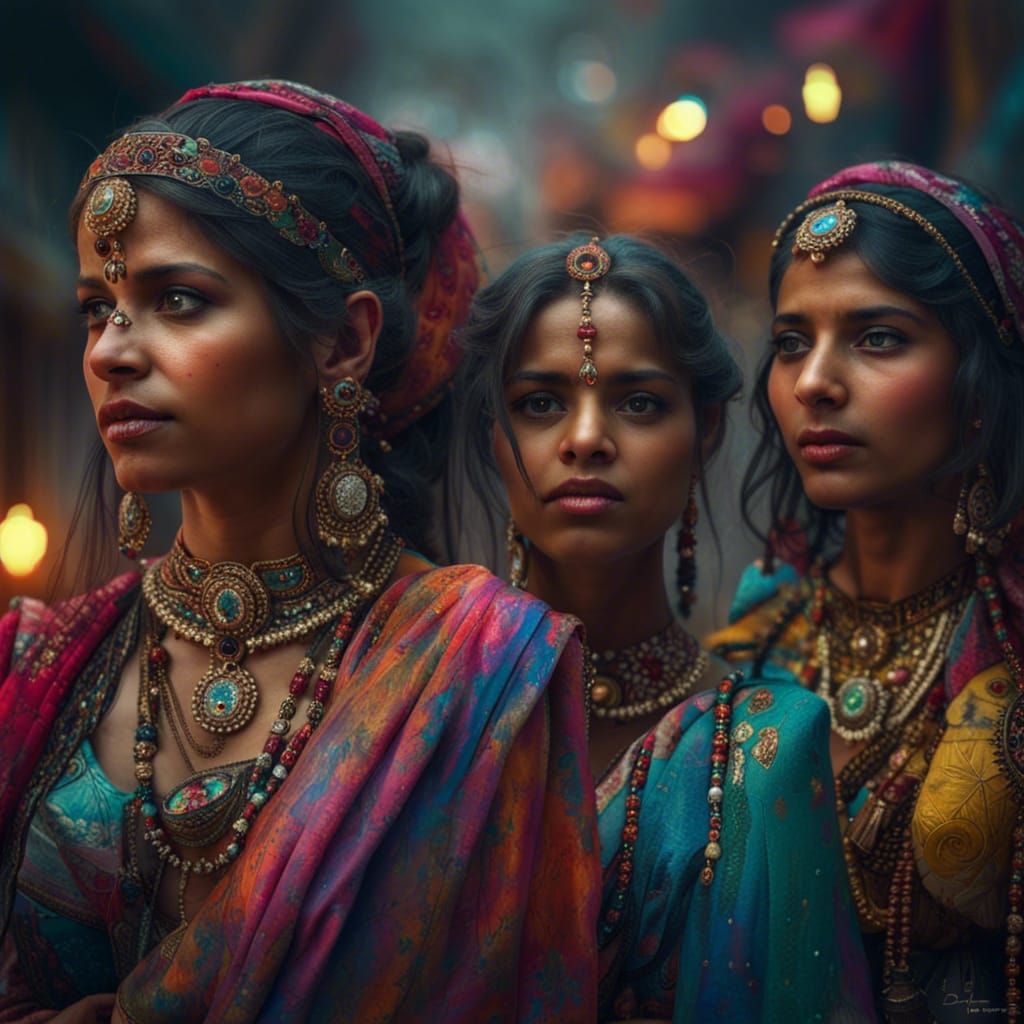Three Indian Women in Rococo Fantasy Style