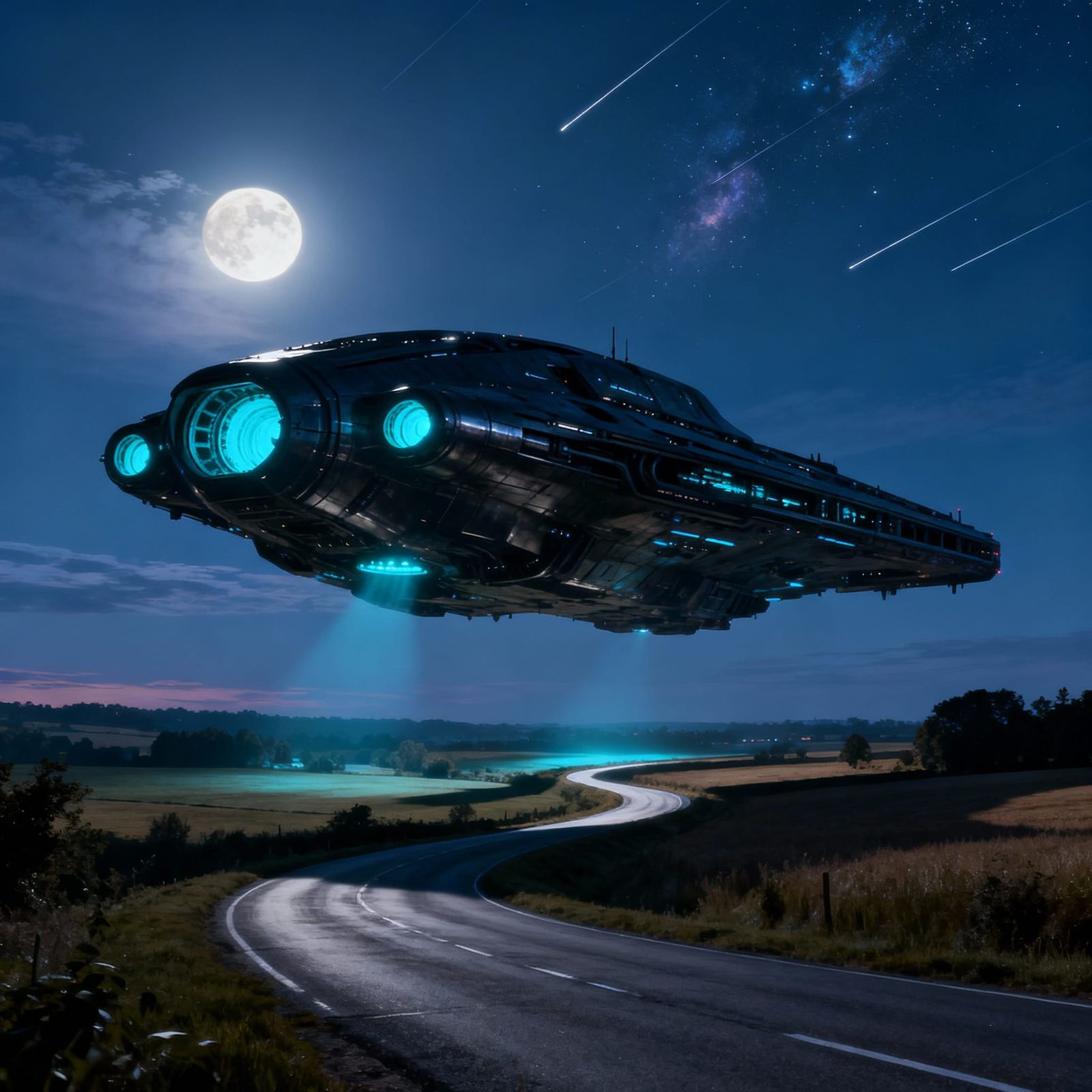 Alien spaceship,above the road, in the country sky