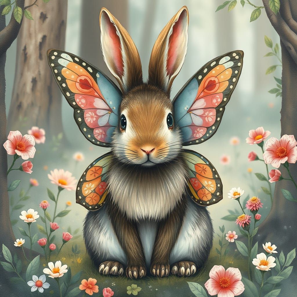 Butterfly Rabbit in Whimsical Forest, Watercolor Style