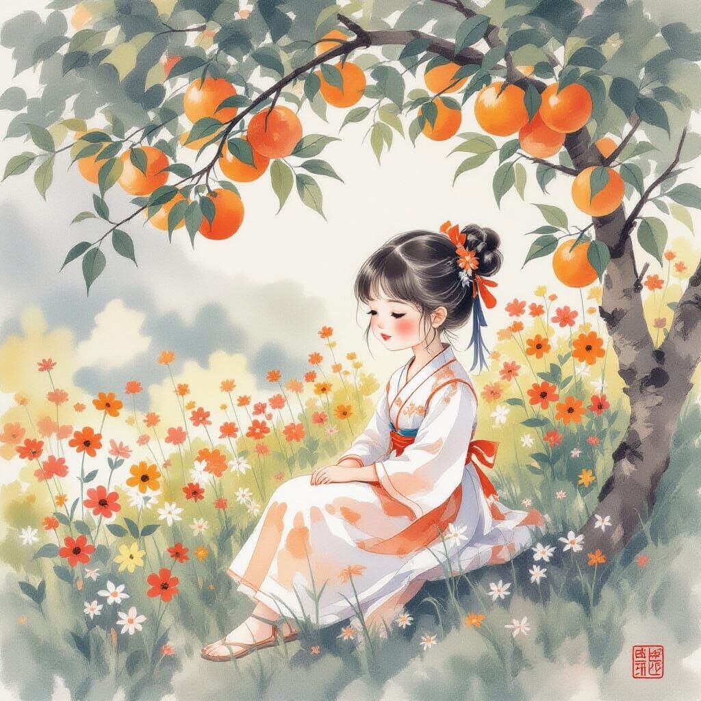 Chinese Girl in Apple Grove Watercolor Ink Painting