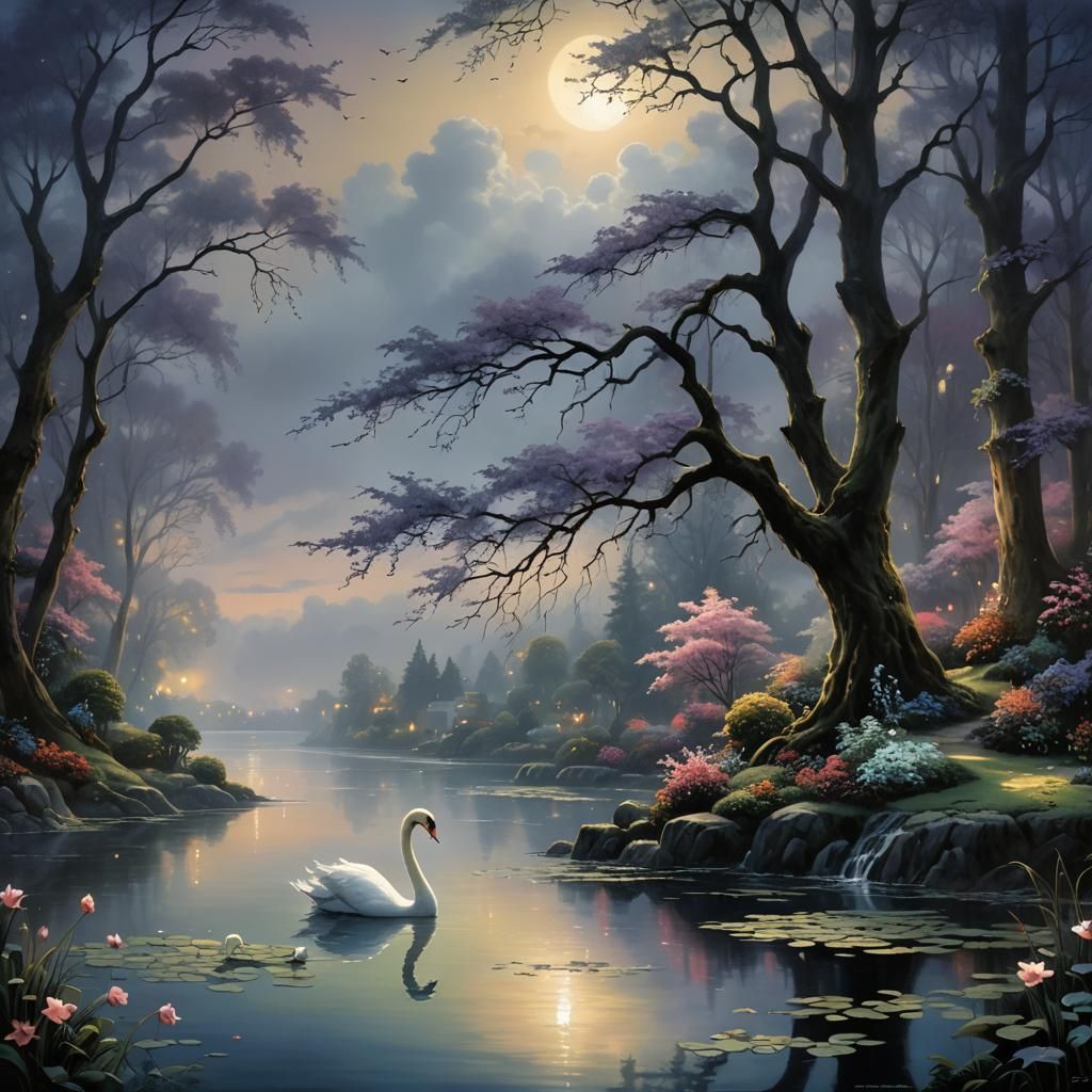 Ethereal Swan Lake with Black Petals in Moonlight