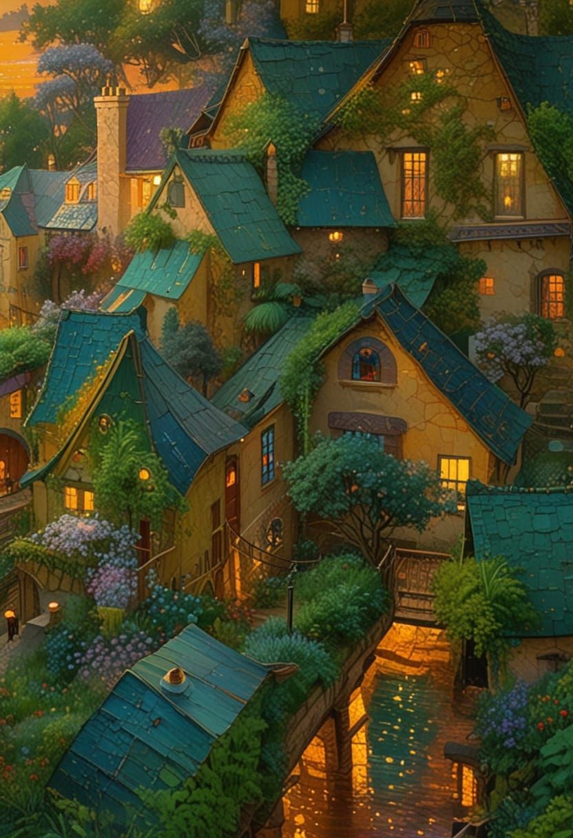 Neo-Impressionist Geometric Landscape in Dreamy Golden Light