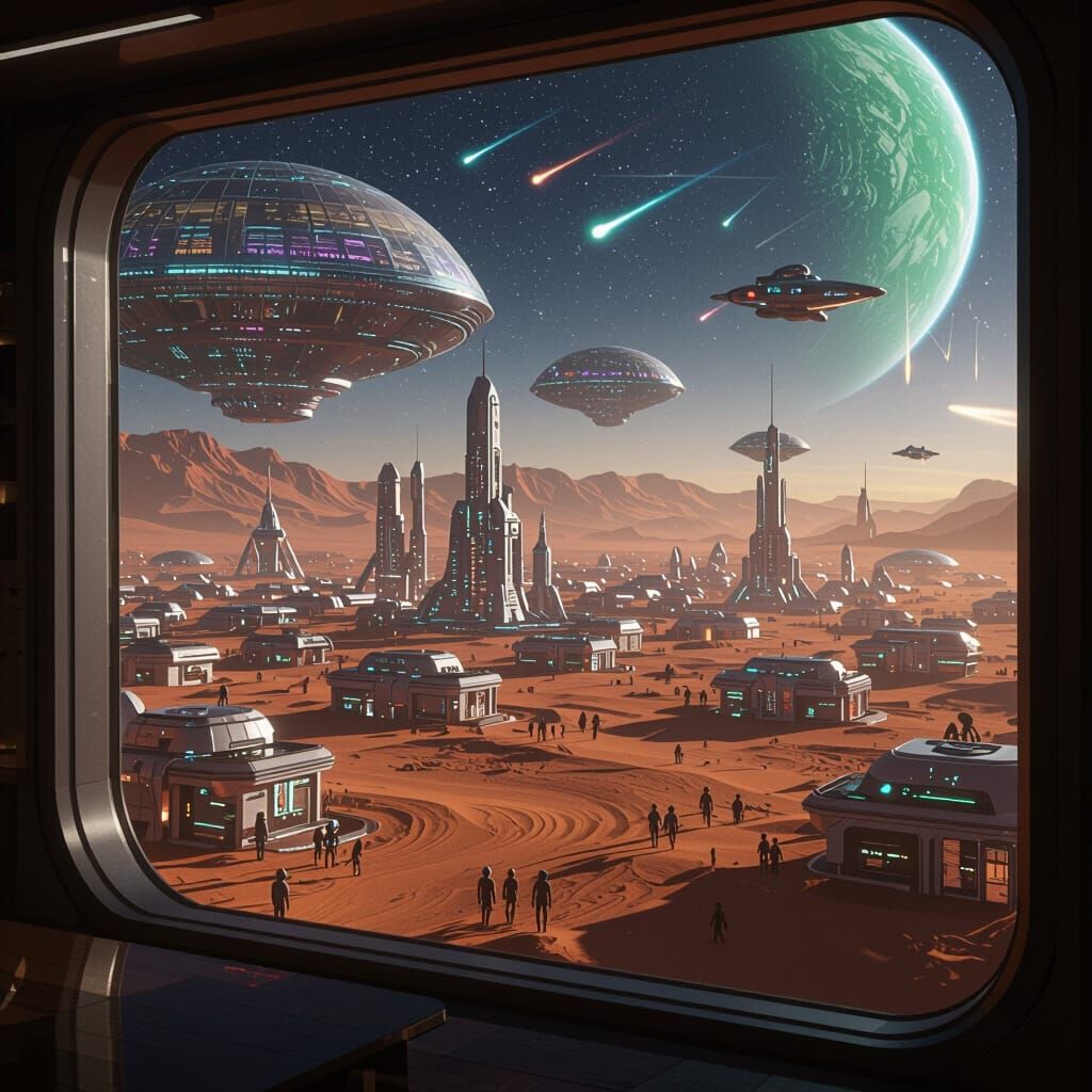 Alien Cityscape Through Window: Sci-Fi Desert & Floating Dom...
