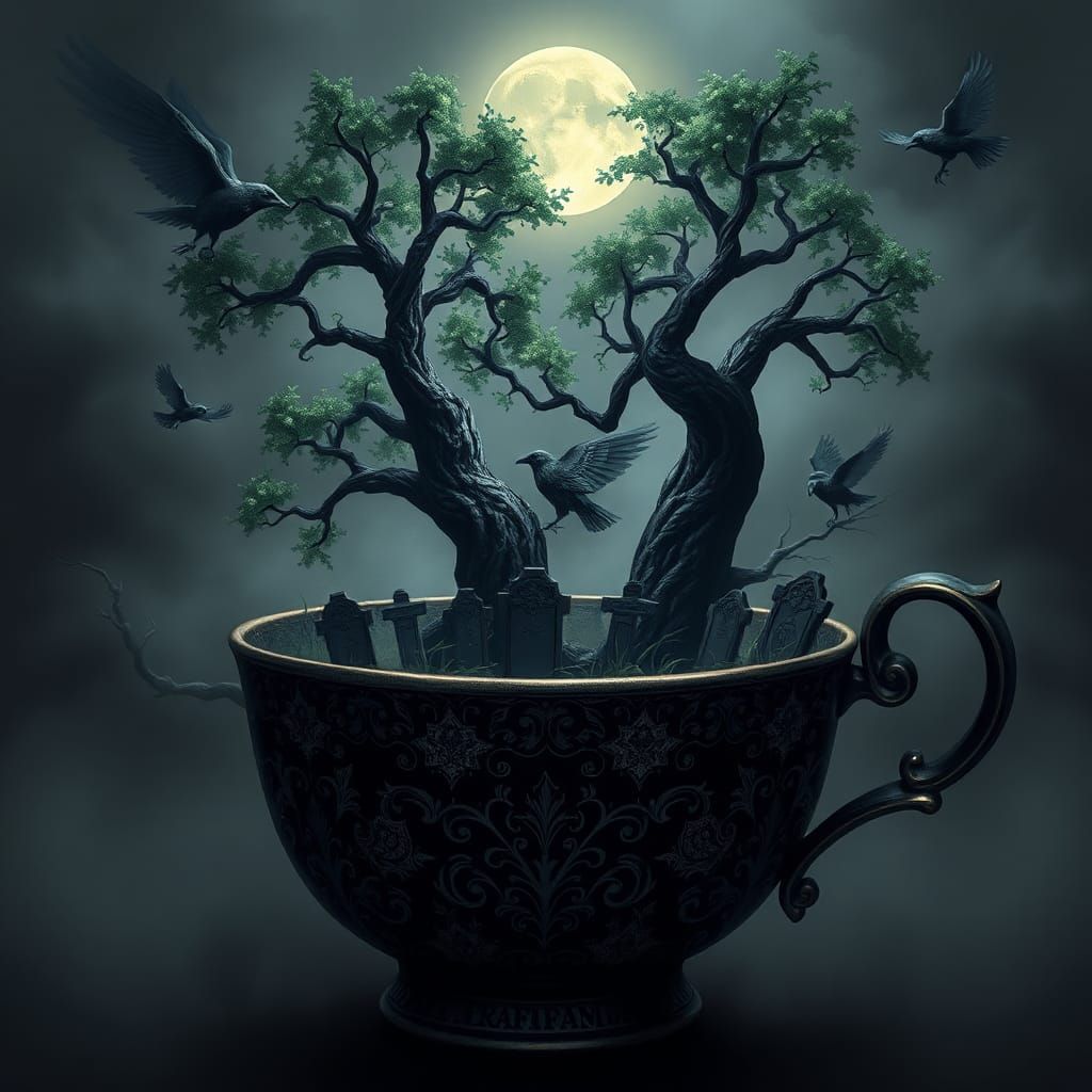 Graveyard Scene Inside Antique Teacup as Matte Painting