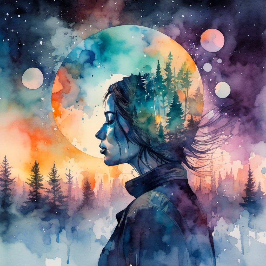 Double Exposure: Woman, Forest, City Sunset Art
