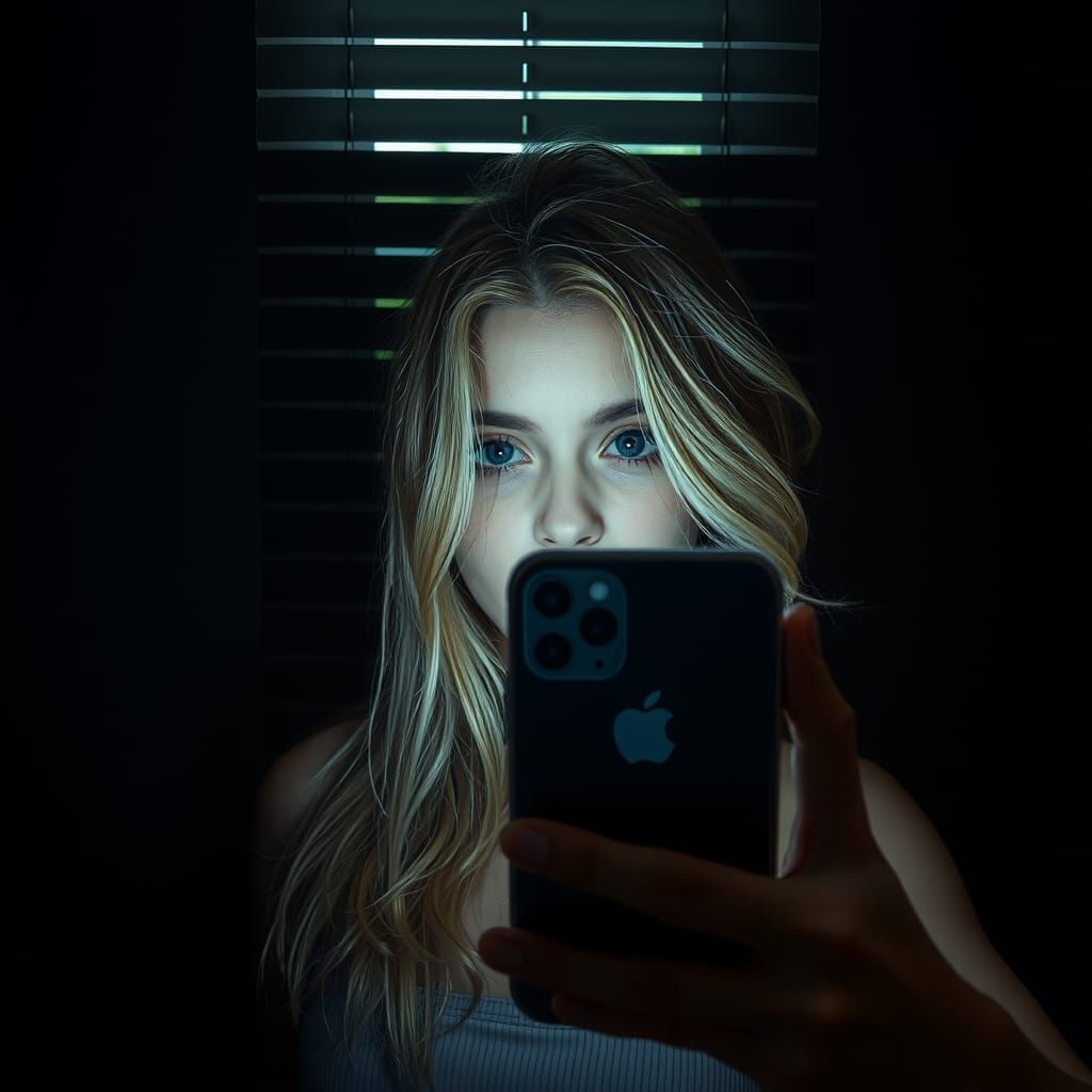 Striking Blonde Woman Takes Selfie in Moody Lighting