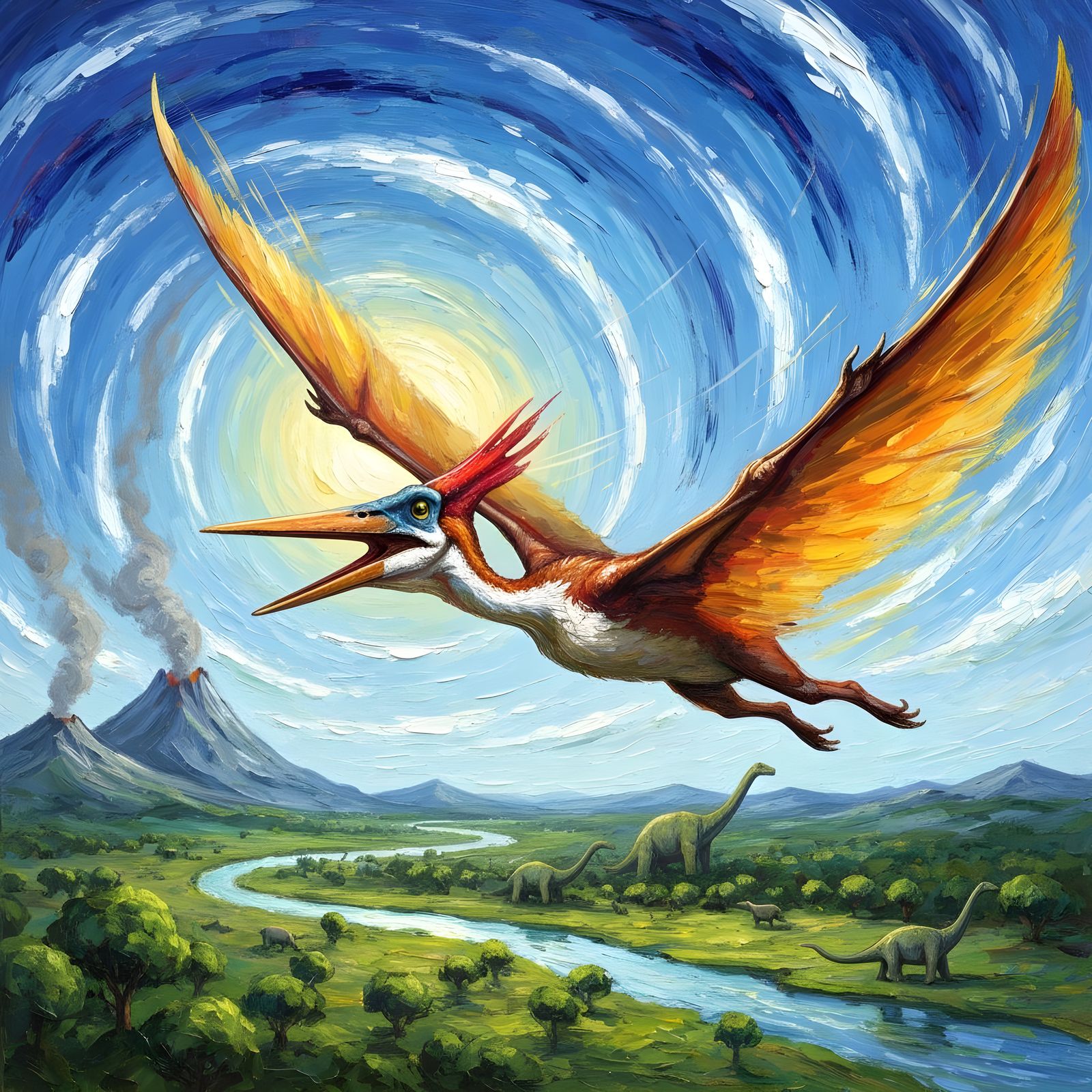 Pteranodon Soaring in Prehistoric Sky as Impasto Painting
