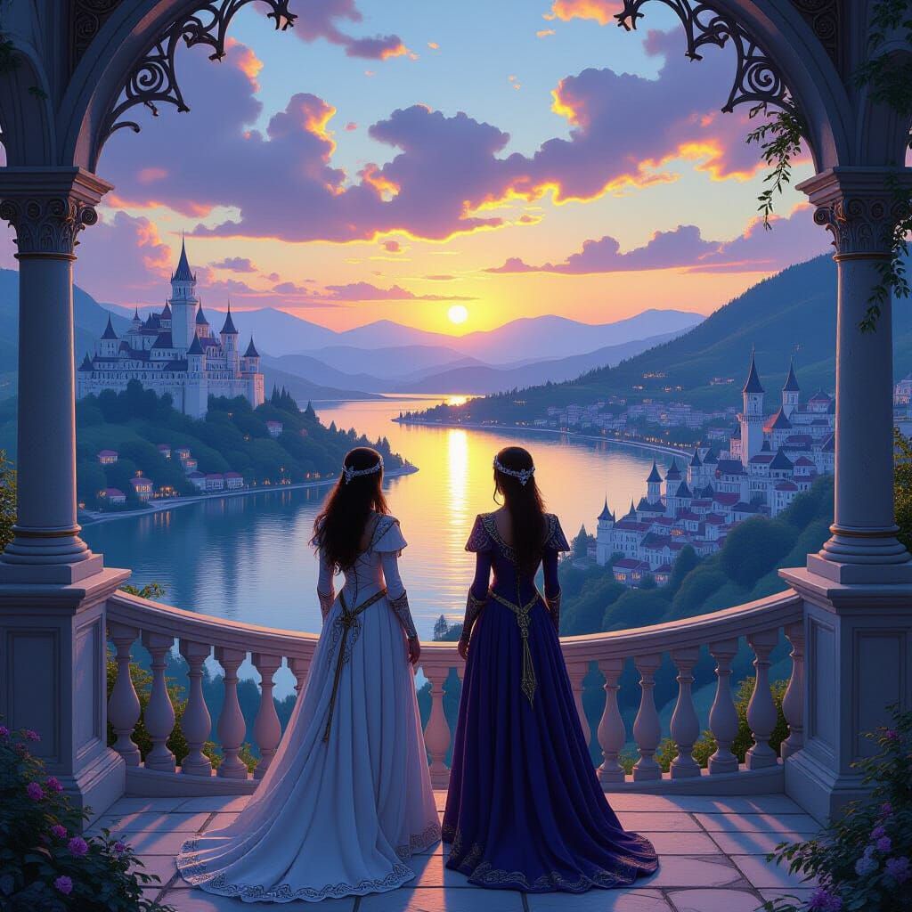 Elven Bridge: Fantasy Women Observe Distant Town