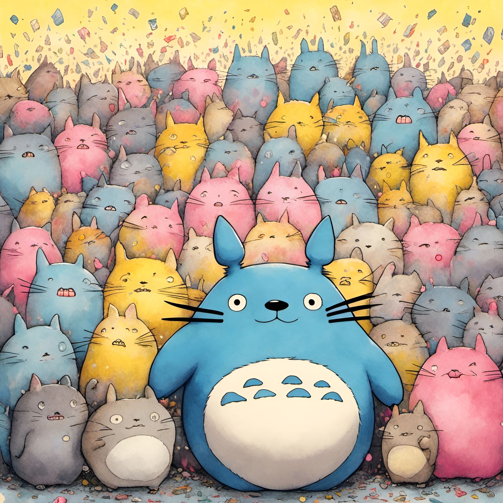 Totoro Cats in Watercolor Graffiti Style