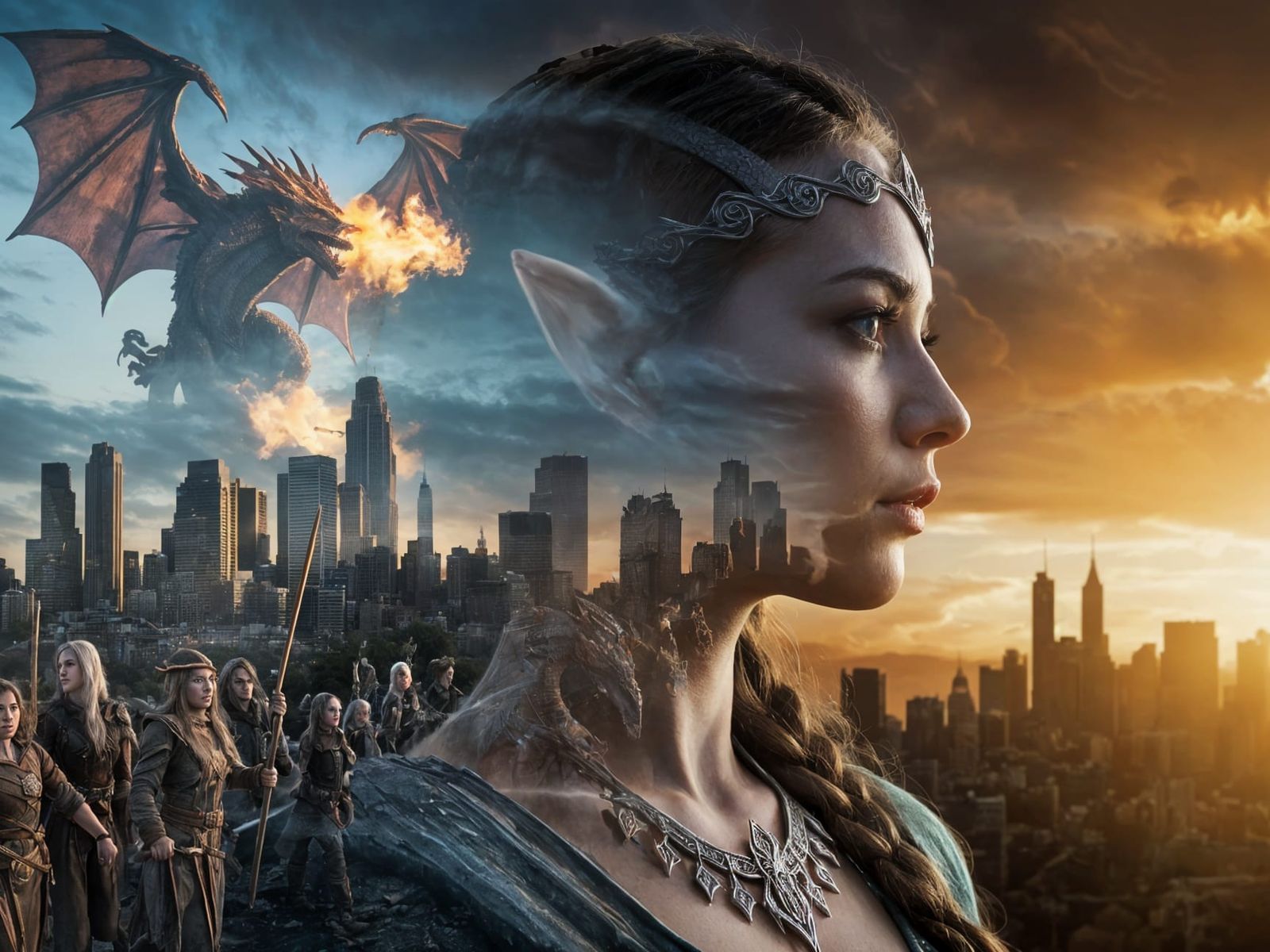 Ethereal Elf Warrior Emerges from Apocalyptic Cityscape