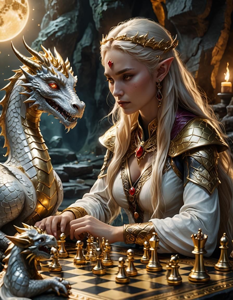 Elf Goddess and Moon Dragon Play Chess