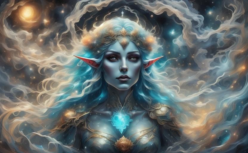 Ethereal Elf Mixologist Portrait in Water-Ink-Color Style