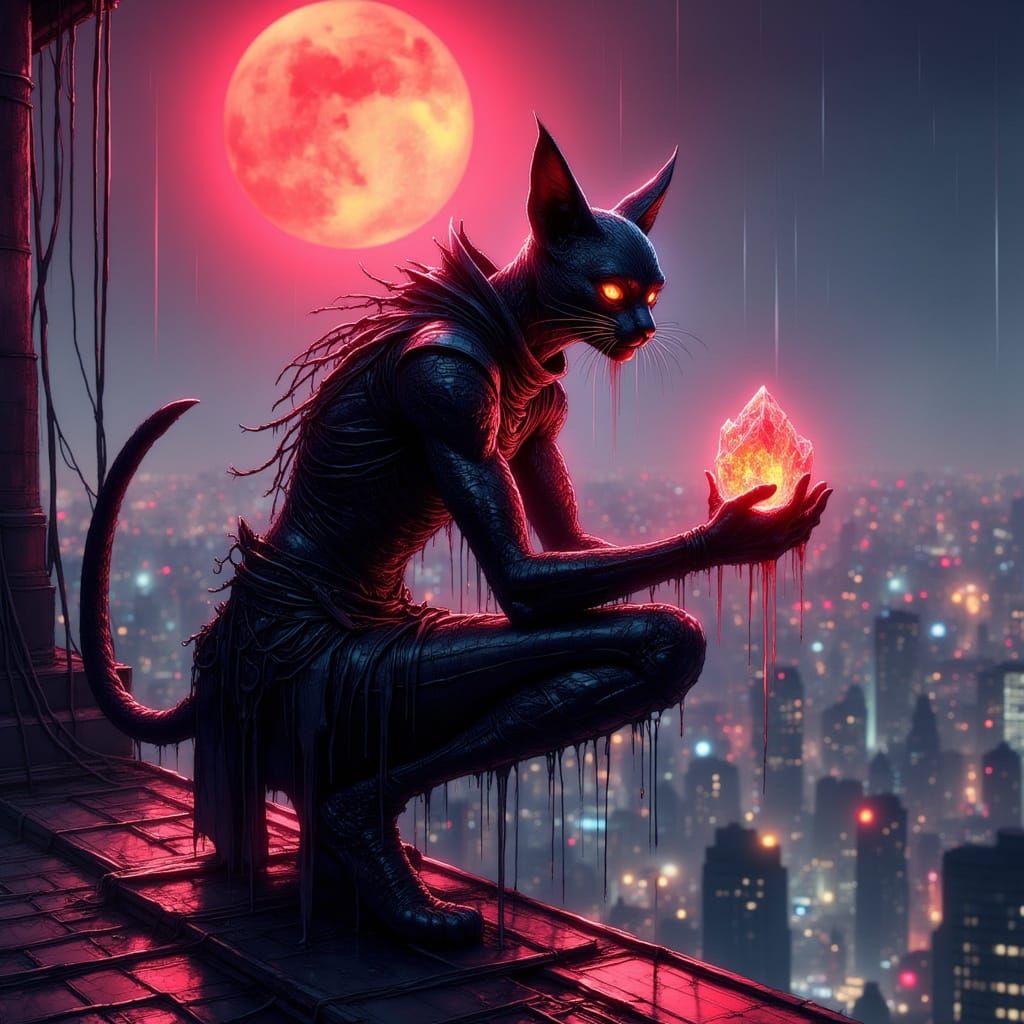 Cyberpunk Feline Hero on Rooftop Under Crimson Moon