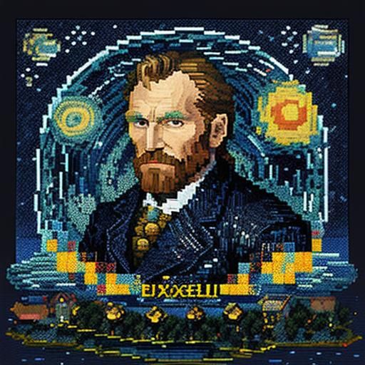 (pixel-ized:13)  Starry Night in style of Van Gogh