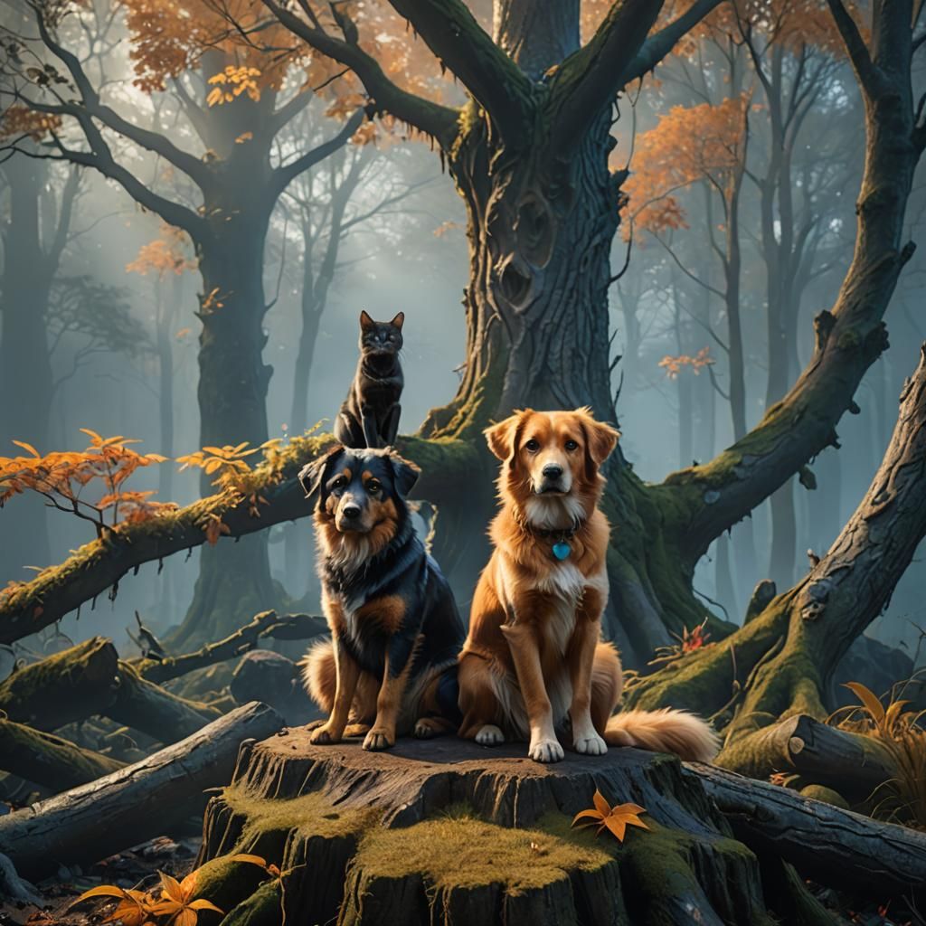 Dog and Cat in Misty Forest: Fantasy Art