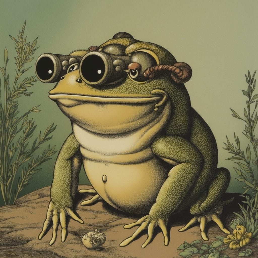 Whimsical Frog Explorer in Hans Arnold Style