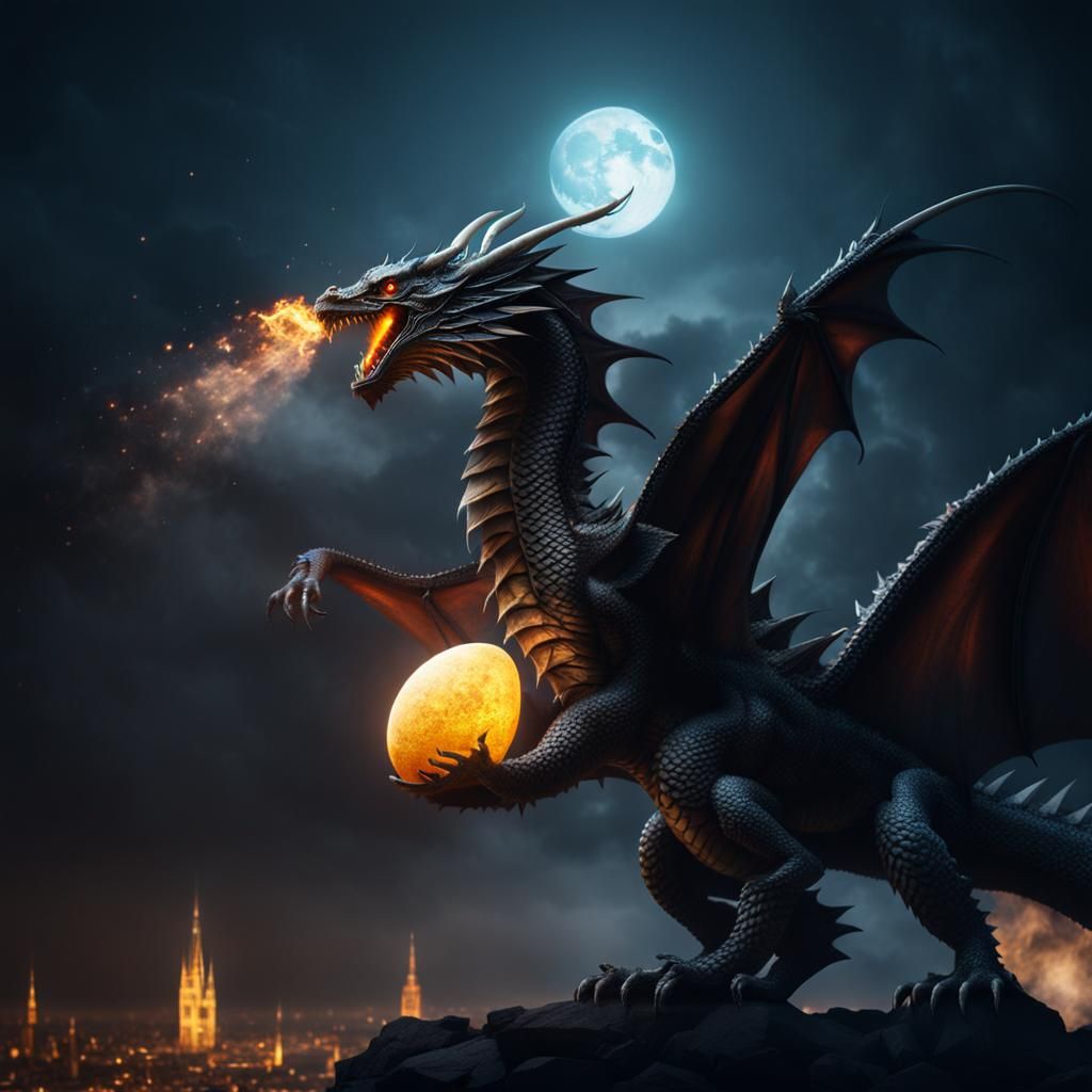 Dragon's Fiery Protection Over Gothic City