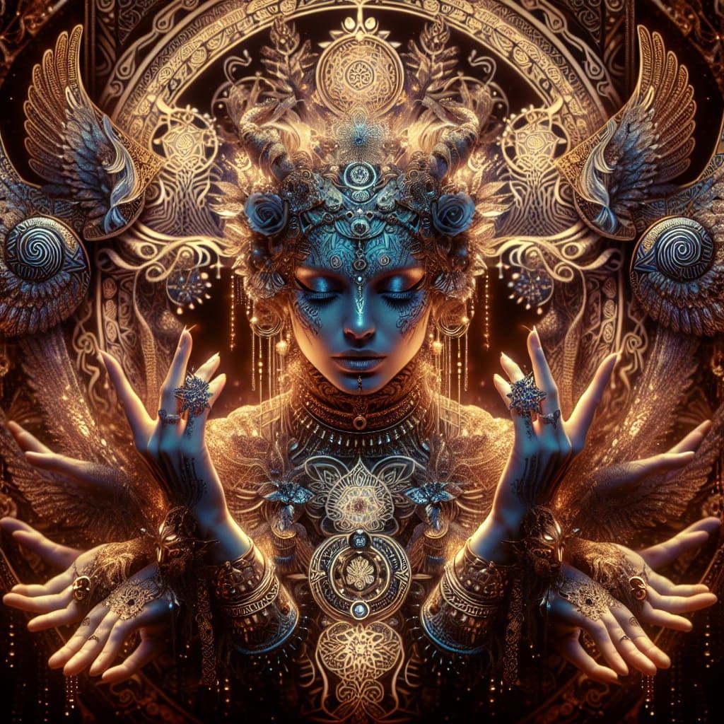 Ethereal Goddess with Celtic Patterns in Art Nouveau Style