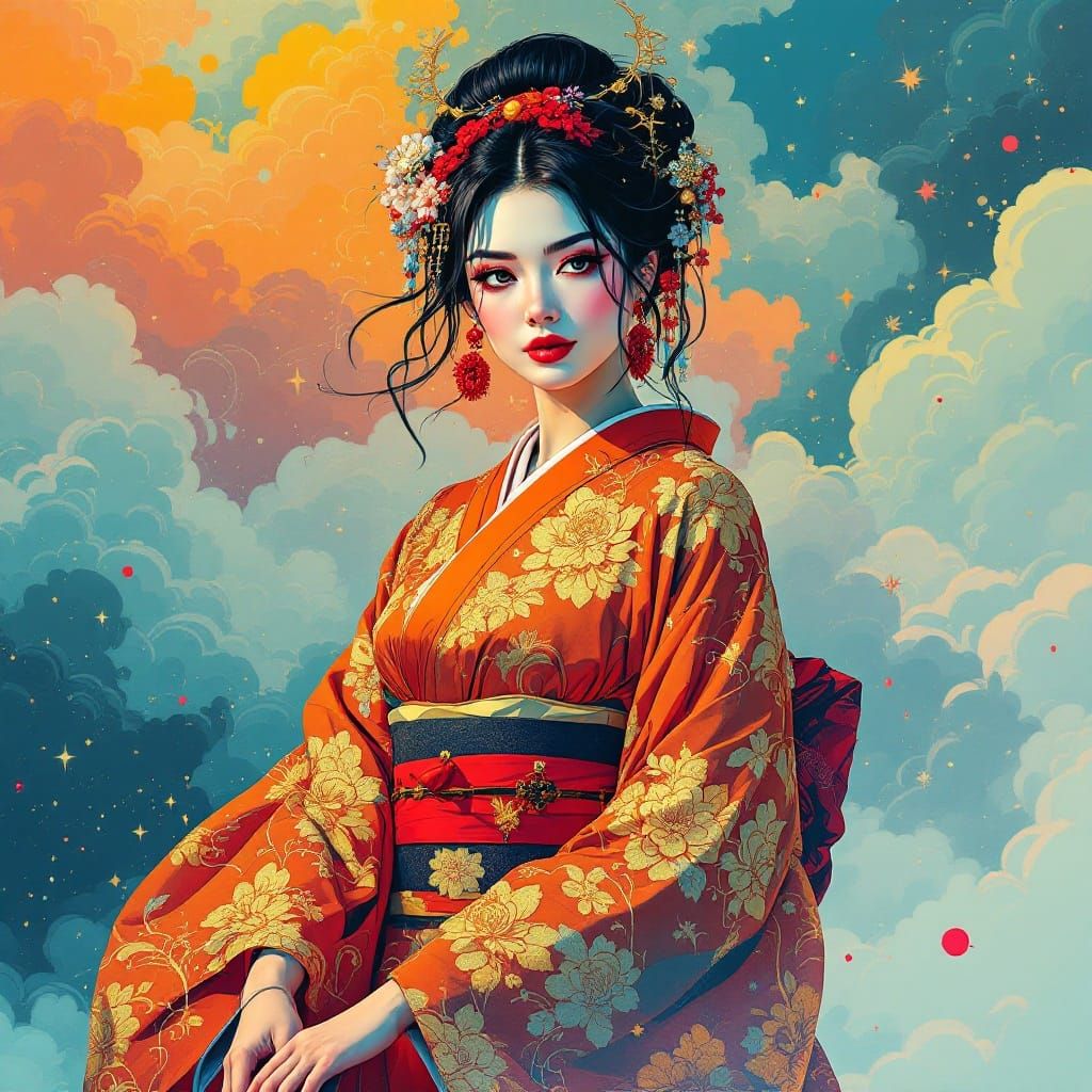 Elegant Woman in Traditional Kimono, Blending Comic Book Sty...