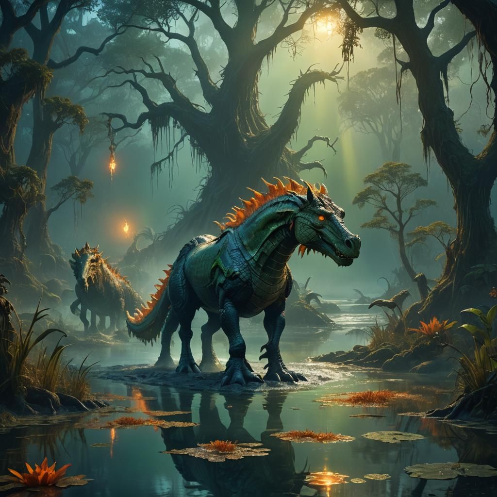 Mystical Horse Crocodile Fusion in a Swamp