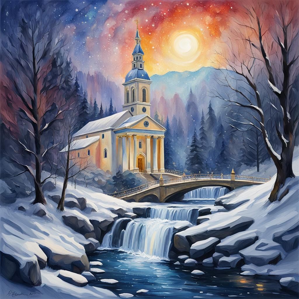 Winter Waterfall and Church in Gouache Style