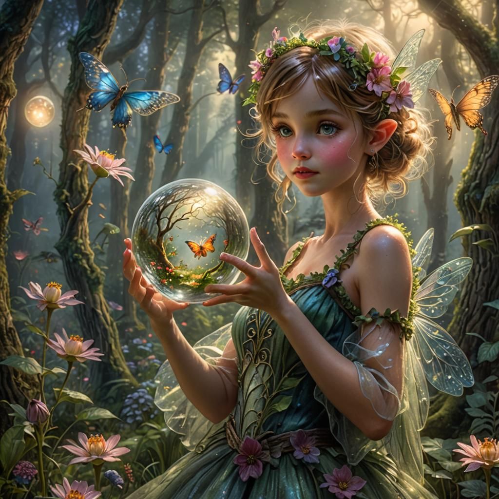 Flower Fairy Holding Forest Orb: Hyperrealistic Fantasy