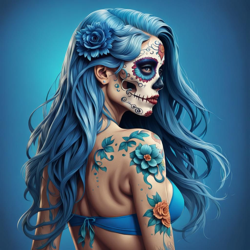 Blue-Haired Sugar Skull Woman in Vector Art